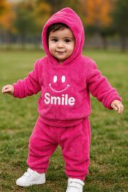 طقم أطفال شتوي فرو ناعم بقبعة – Smile - Image 3