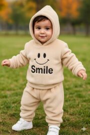 طقم أطفال شتوي فرو ناعم بقبعة – Smile - Image 4