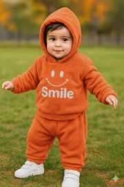 طقم أطفال شتوي فرو ناعم بقبعة – Smile - Image 2